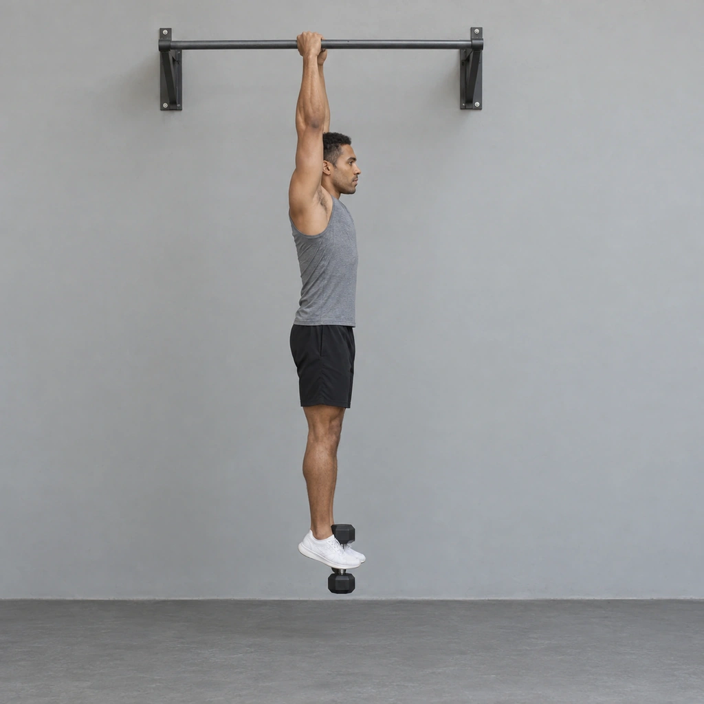 A man hanging from a pull-up bar with straight arms and straight legs, a dumbbell clamped upright between his feet below him.