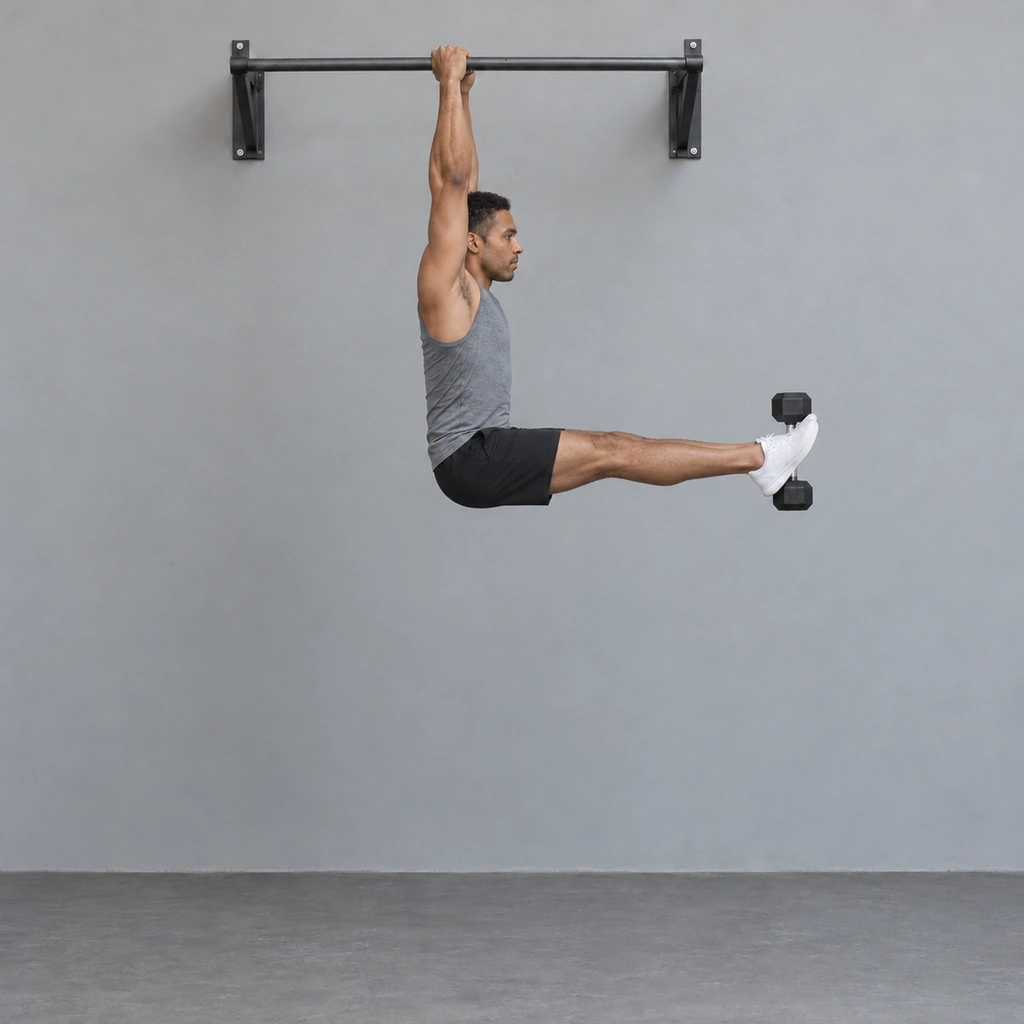 The same man hanging with both straight legs lifted level with the floor, the dumbbell clamped between his feet out in front of him.