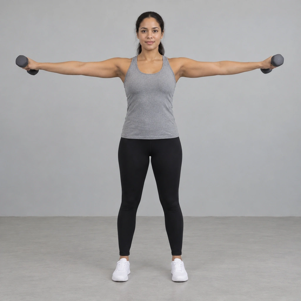 A woman standing tall, a dumbbell in each hand, both arms out to the sides at shoulder height, hands tipped slightly forward and up, tracing a small forward circle.