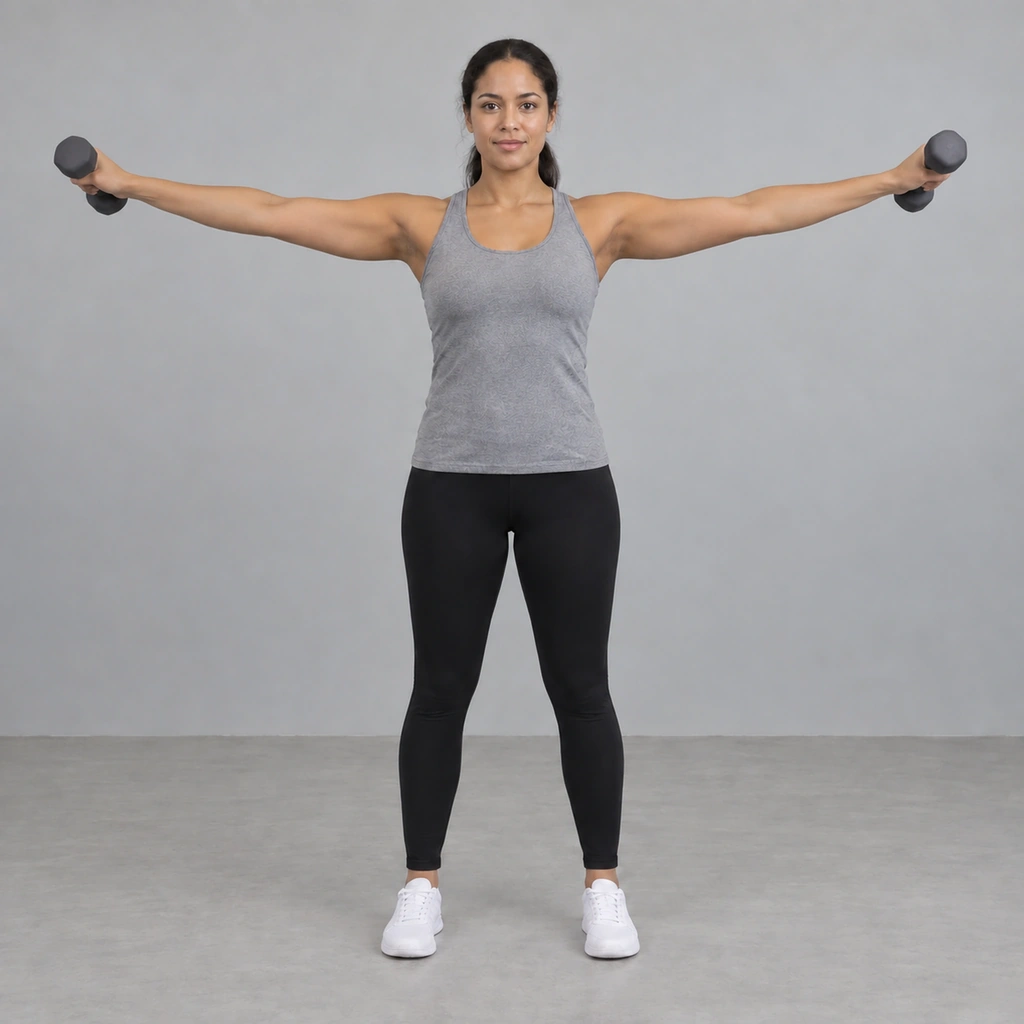 The same woman, still standing tall, a dumbbell in each hand, both arms out to the sides at shoulder height, hands now tipped slightly backward and up, tracing the reversed backward circle.