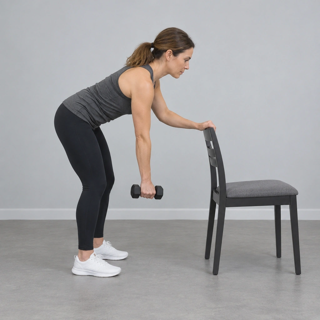 A woman bent forward at the hips, one hand braced on a chair, the other hand holding a dumbbell hanging straight down.