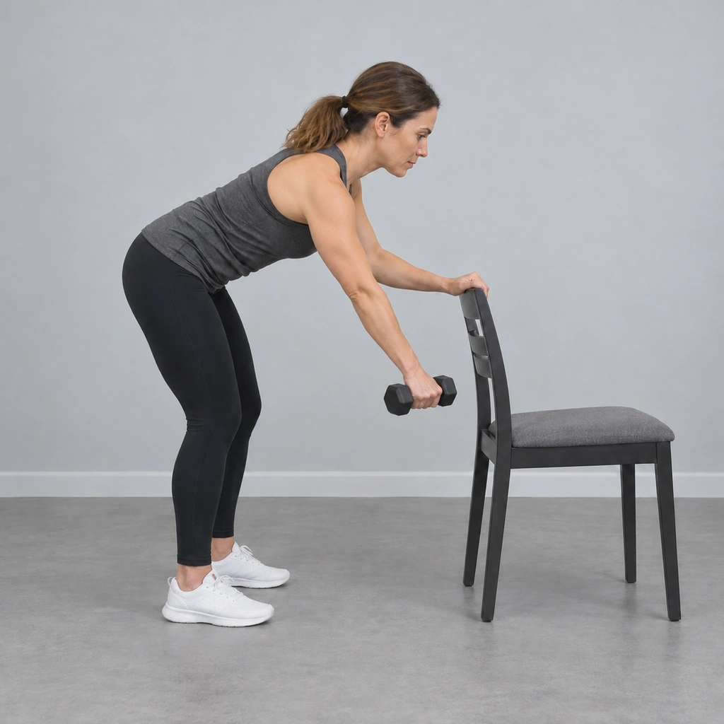 The same woman, still bent forward, her dumbbell-holding arm now swung outward along a circular path.