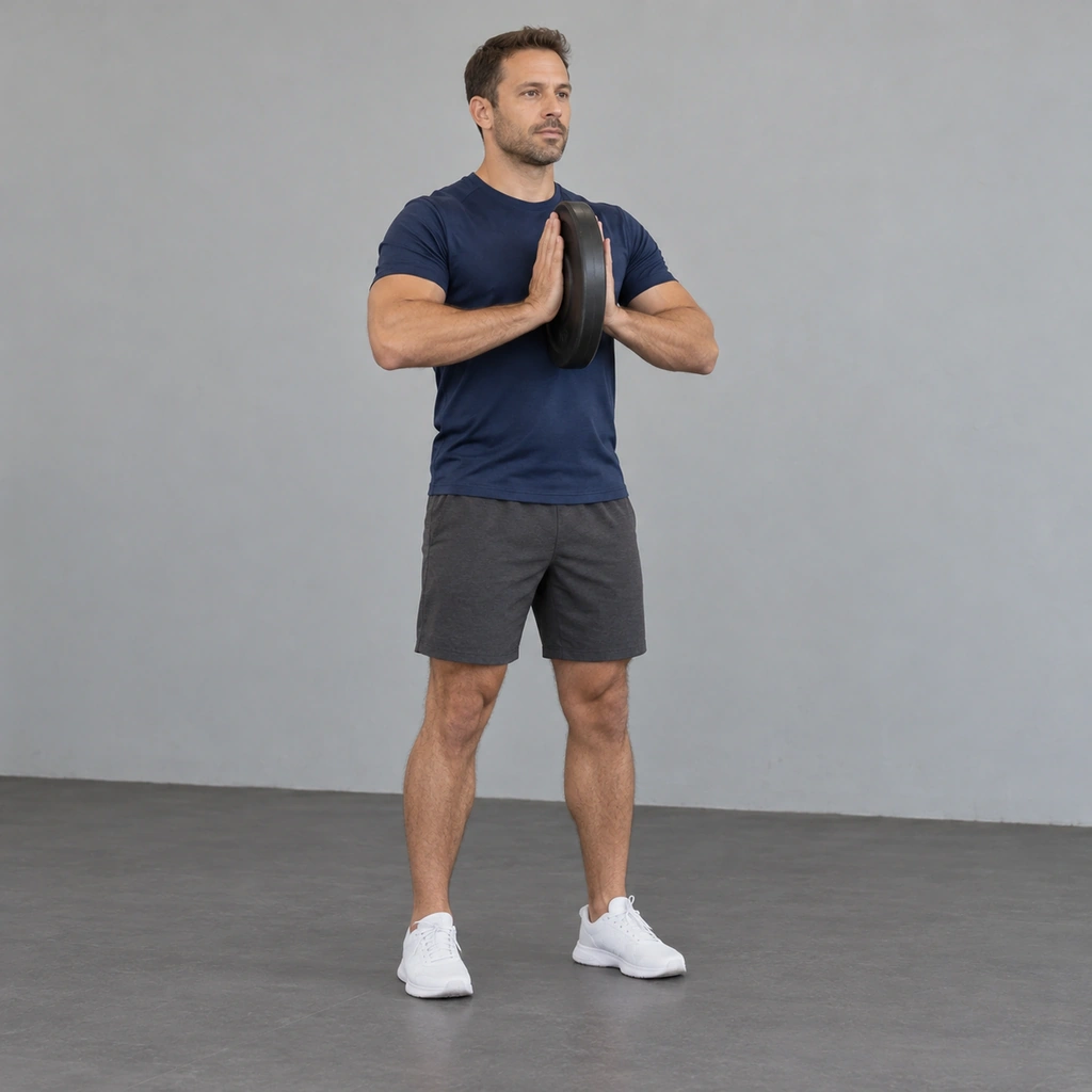 A man standing tall, holding one weight plate on edge between his palms in front of his chest, elbows bent.