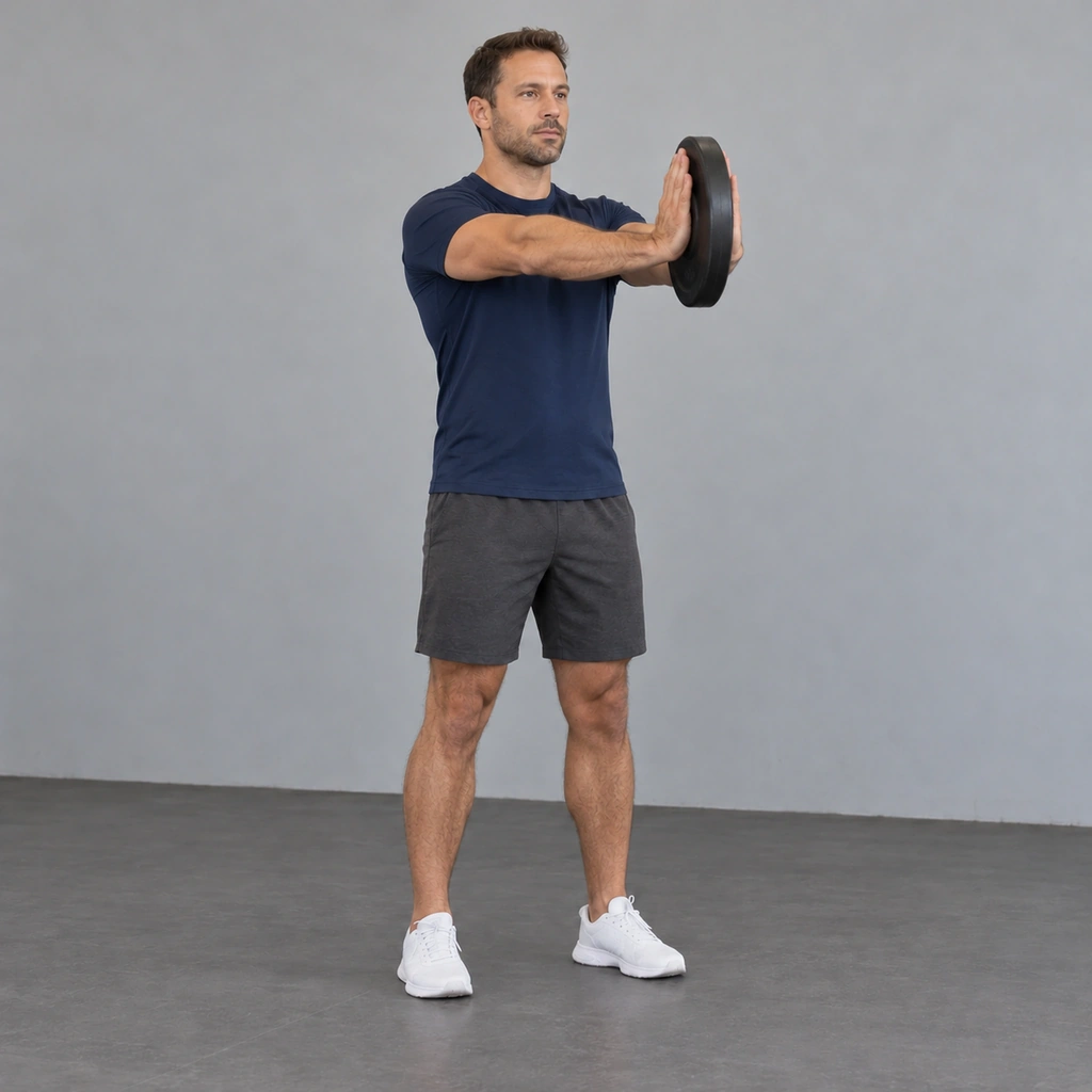 The same man, now with both arms extended straight forward, the plate still held on edge between his palms.