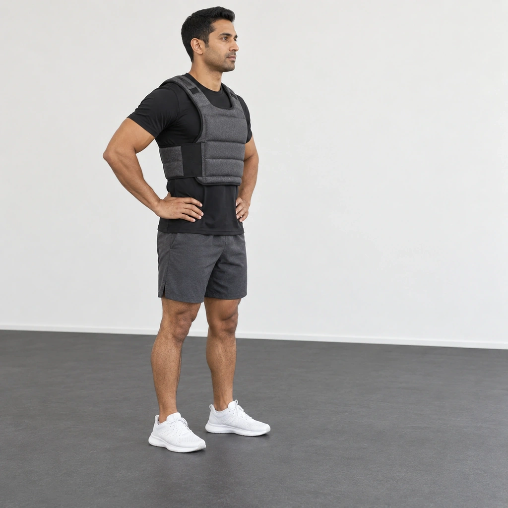 A man in a weighted vest standing side-on with his feet hip-width apart and his hands on his hips.