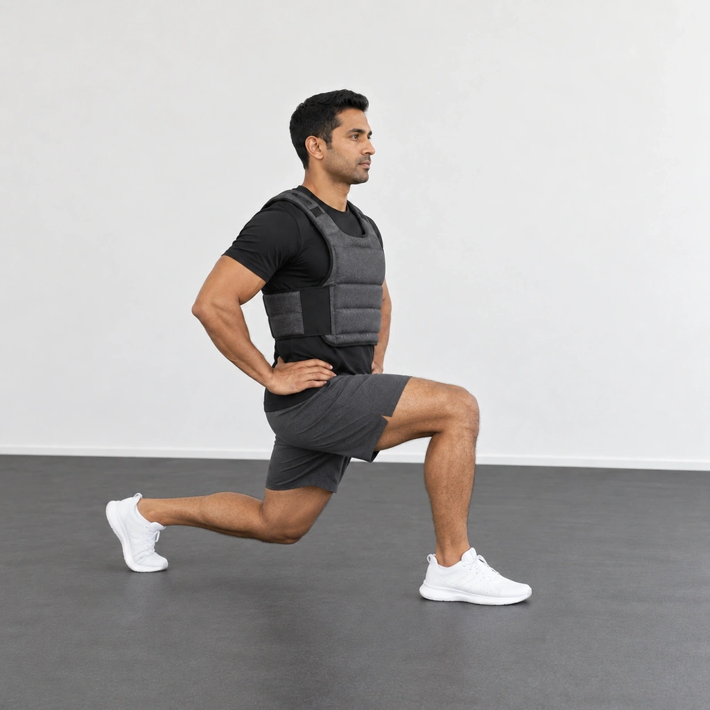 The same man in the weighted vest in a forward lunge, right foot forward with the right thigh parallel to the floor and the right shin vertical, left knee bent behind him.