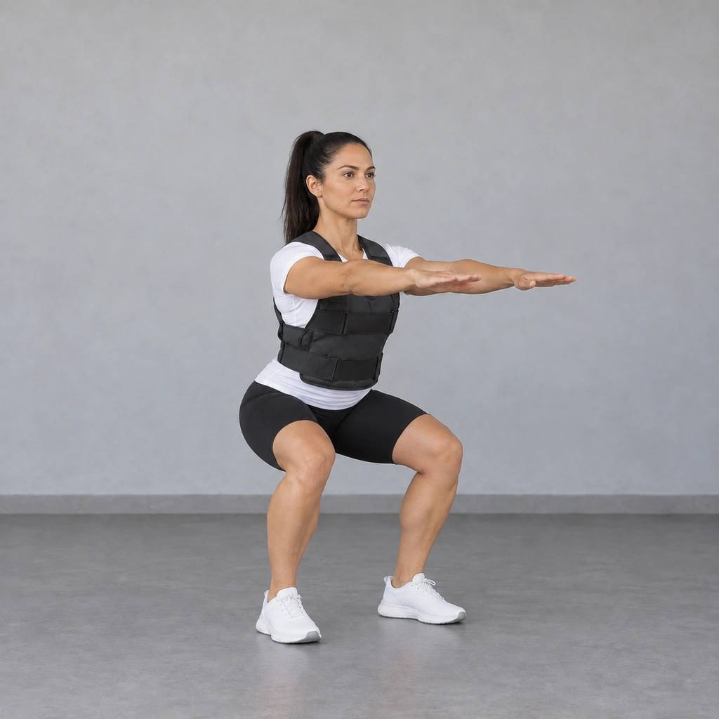 The same woman in the weighted vest squatting with her hips sent back and her thighs about parallel to the floor, her chest up and her arms straight forward.