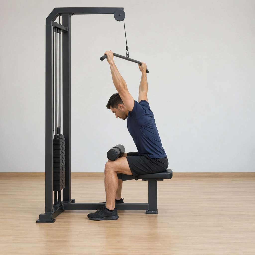 He sits at the pulldown station: thighs pinned under the knee pad, both arms extended overhead holding the wide bar with a wide overhand grip, torso and head brought forward so the bar line aims at the back of his neck.