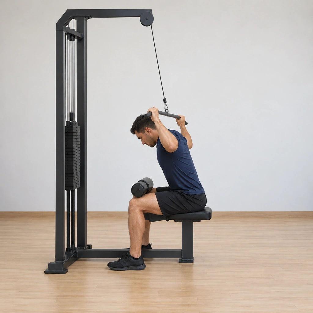 He is mid-draw: the wide bar travelling down and back behind his head toward the nape, elbows bending and dropping down-and-back, shoulders drawing down, his torso and head still held forward.