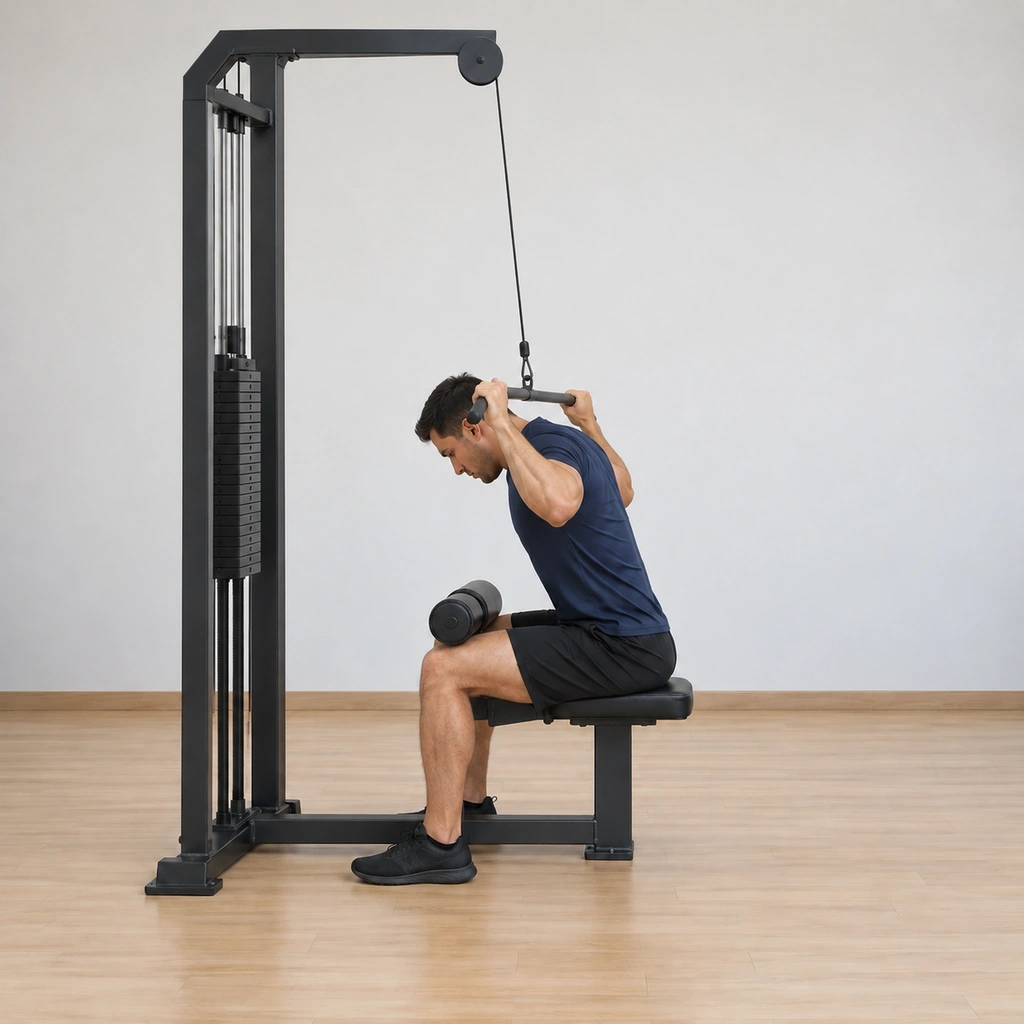 He holds the contracted finish: the wide bar touching the back of his neck, elbows bent low and wide, shoulder blades squeezed together, torso and head still forward, thighs pinned.