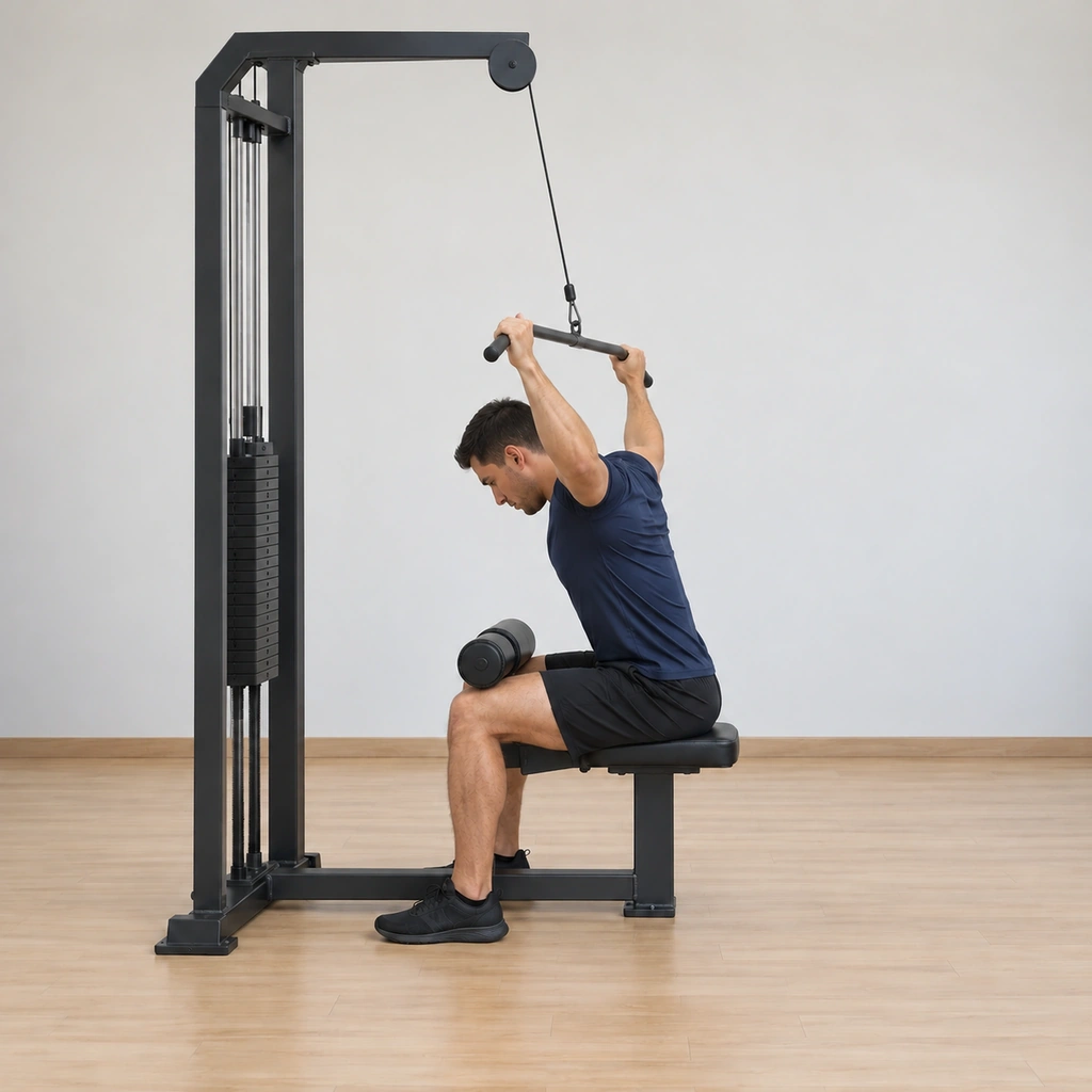 He is mid-raise: the wide bar travelling back up and forward in line with his extended-arm start, elbows extending, torso and head still forward, shoulders easing up to the stretched finish.