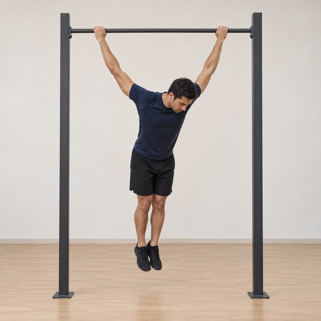He holds the start: hanging free in a straight-arm dead hang on a wide overhand grip, his torso and head inclined forward under the bar so the bar-to-neck line is set.