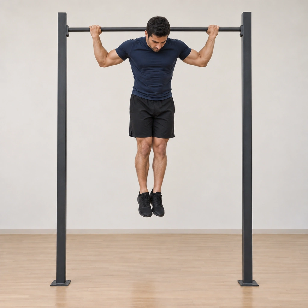 He is mid-pull: torso rising toward the bar on the forward-leaning line, elbows driving down and back, head still forward, his body hanging free.