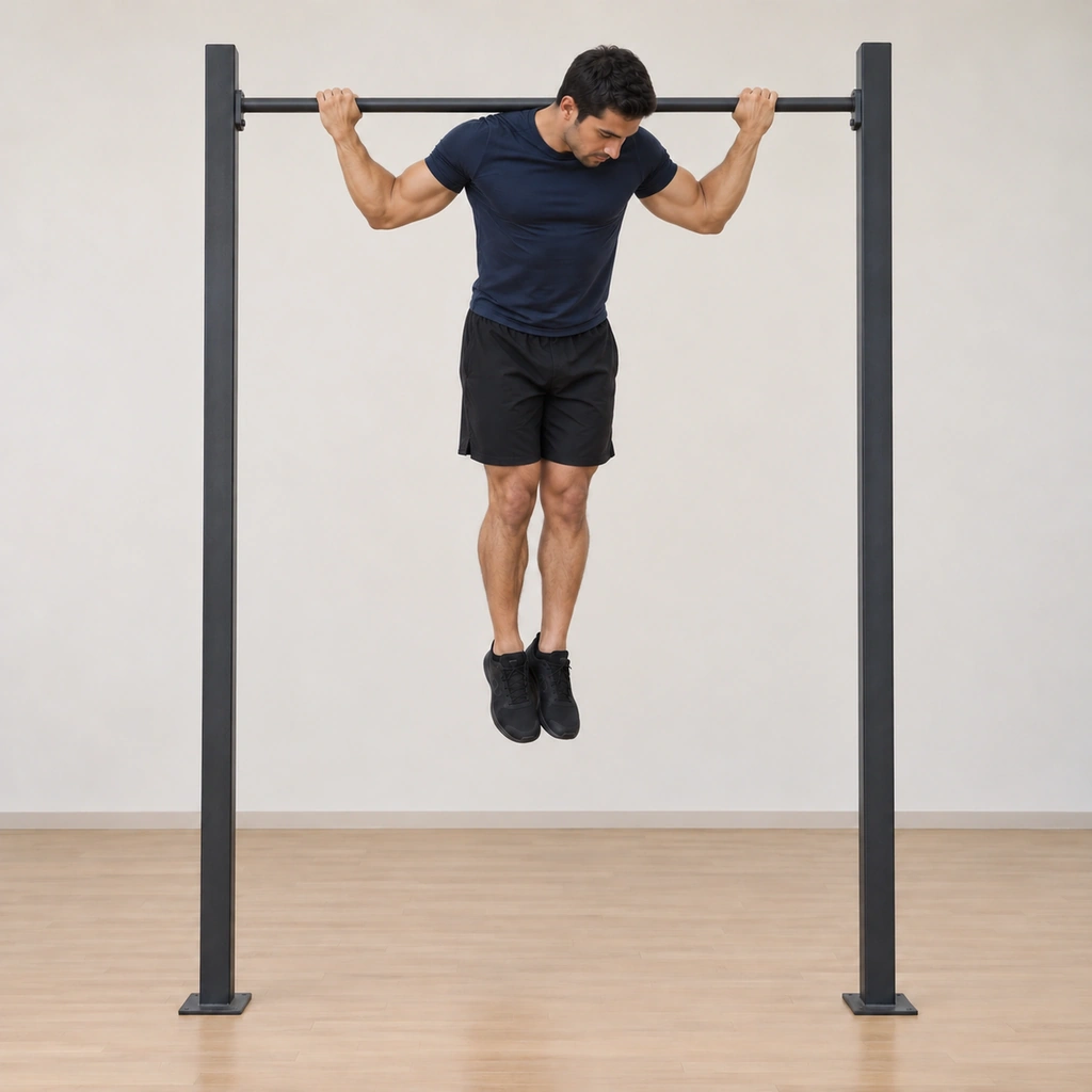 He reaches the top: the bar close behind his neck, his head leaned slightly forward clear of the bar path, elbows fully drawn down and back, chest toward the bar line.