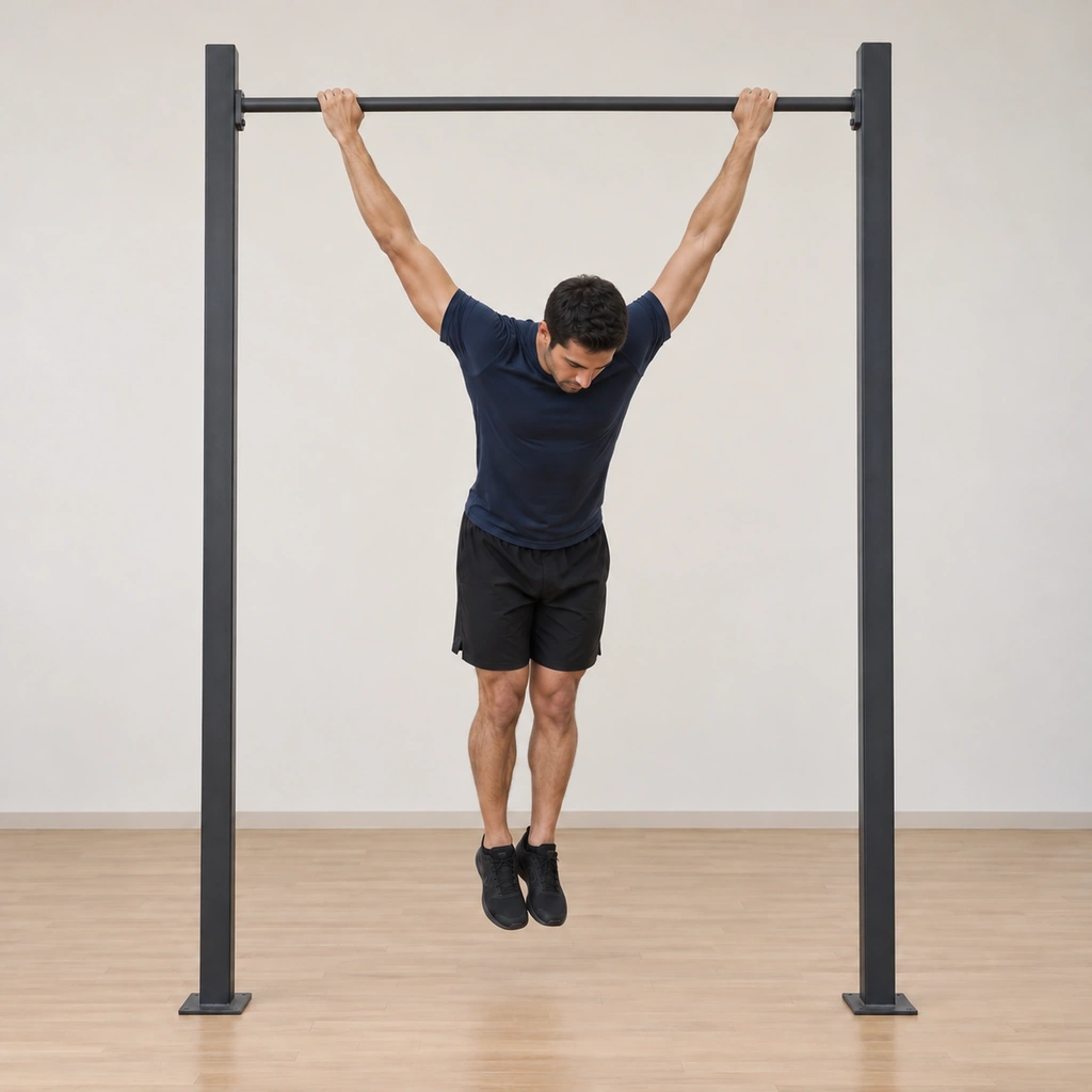 He lowers under control: torso descending back along the forward line toward the extended-arm hang, hands still wide, head still forward - the mid-lower on the inhale.