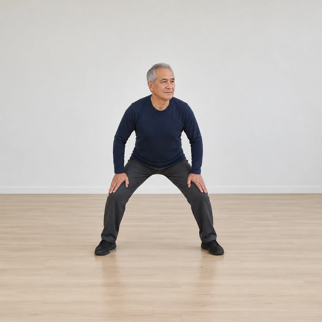 He sits in a wide horse stance, his hands resting gently on his thighs, his back straight and his torso tipped slightly forward.
