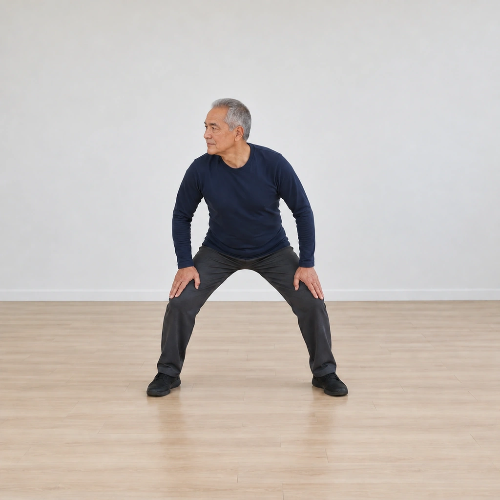 His body has completed the full circle back to the forward-tipped start and is beginning the same circle toward his right.