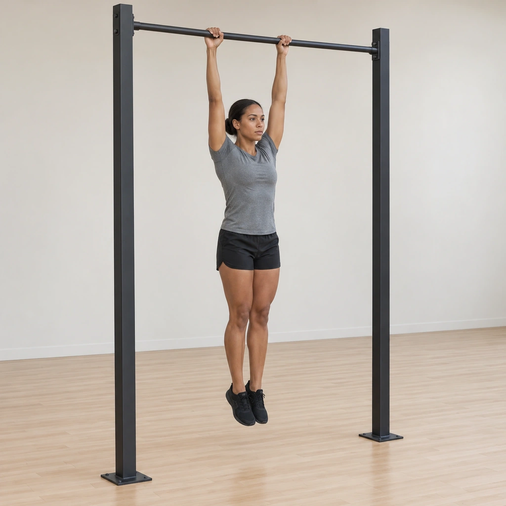 She hangs from the overhead bar with a pronated grip, arms and legs fully extended, body still with no swing.