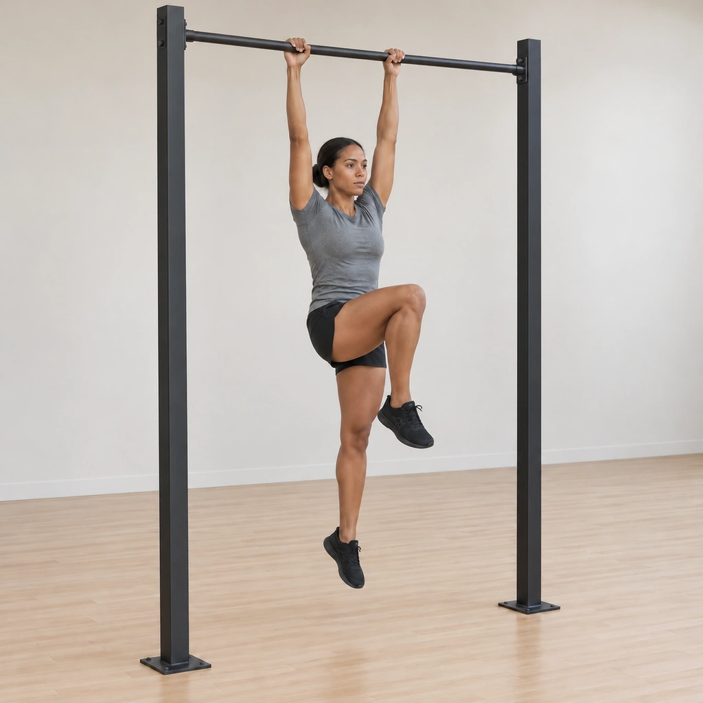 She hangs from the bar with her right knee driven as high as it can go toward her chest, the left leg still extended and her body still with no swing.