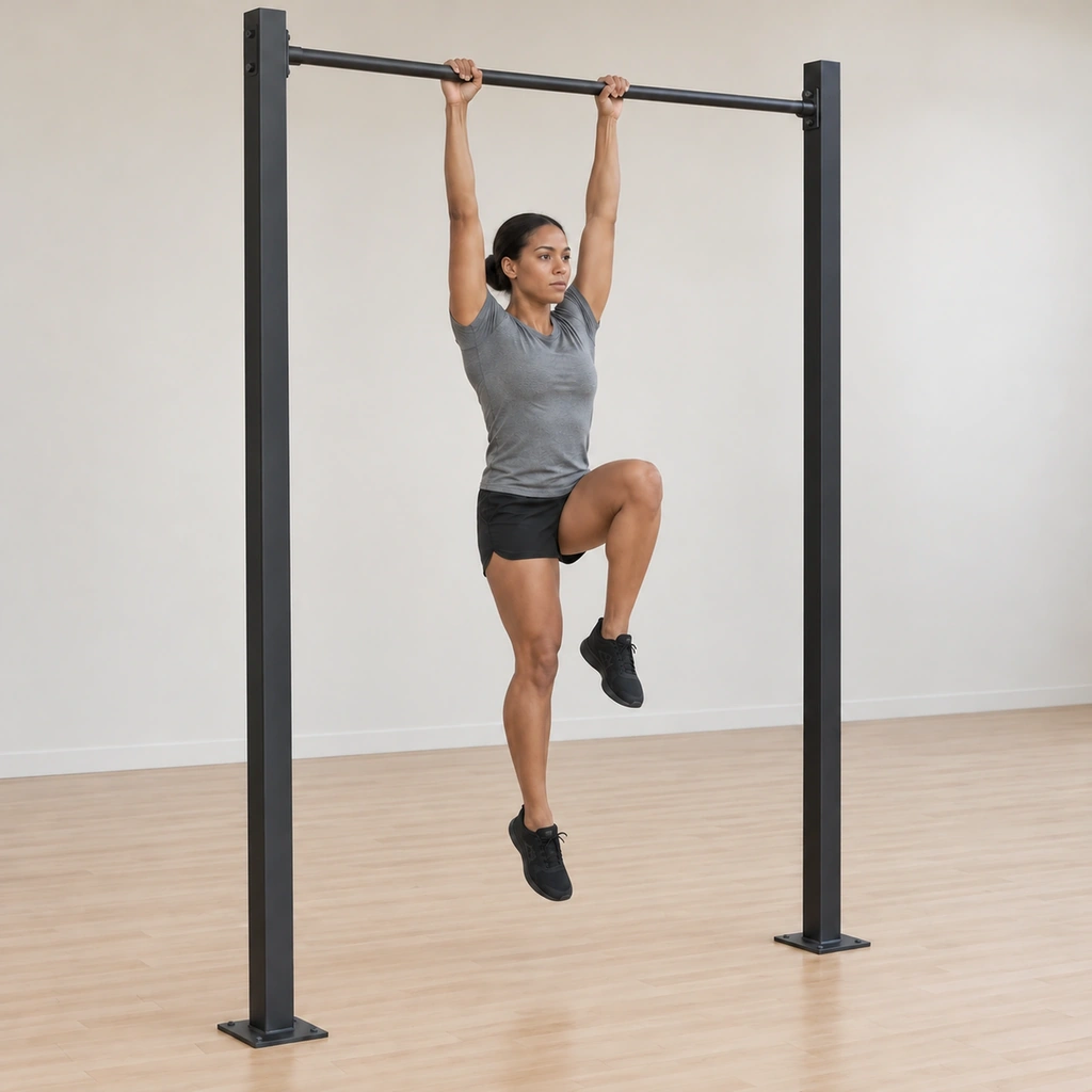 She hangs from the bar mid-swap, her right leg lowering back toward extension while her left knee rises toward its high point, body still swing-free.