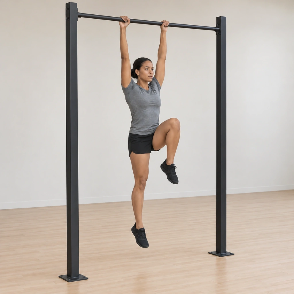 She hangs from the bar with her left knee now driven as high as it can go and her right leg returned to extension, body still with no swing.