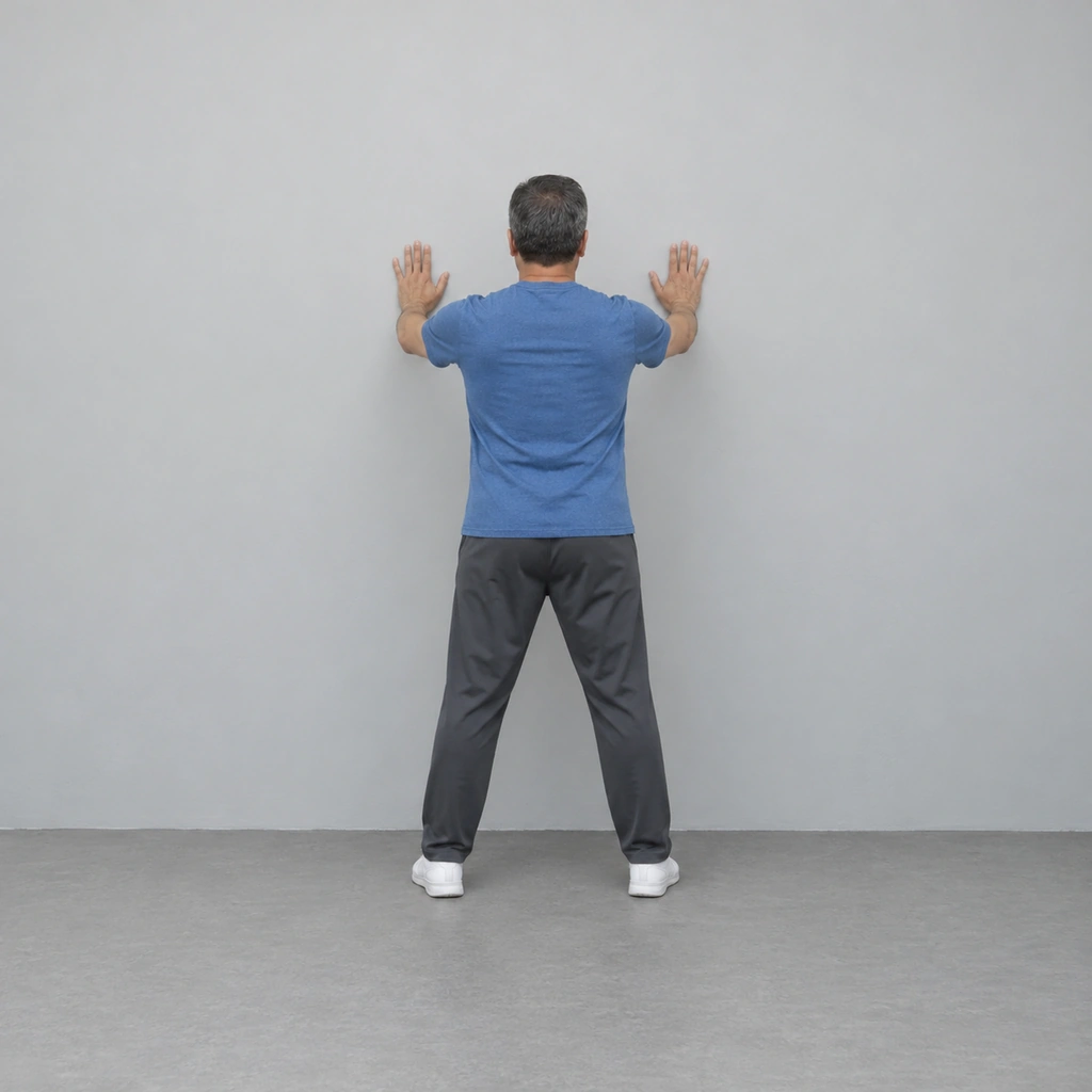 A man seen from behind standing in a wide stance facing a wall with both palms flat on it at shoulder height.