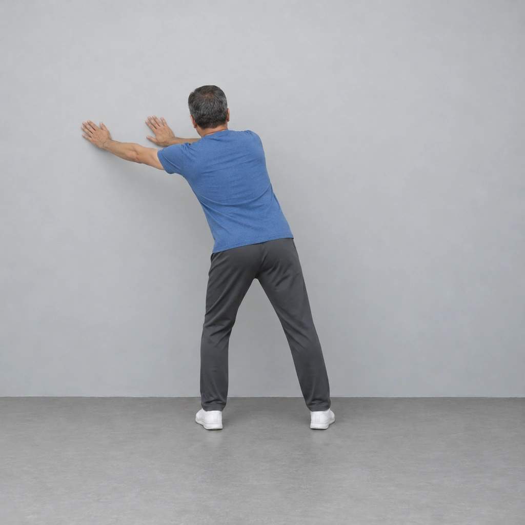 The man seen from behind leaning to his left with both arms reaching left along the wall, palms on it, and his weight over the left leg.