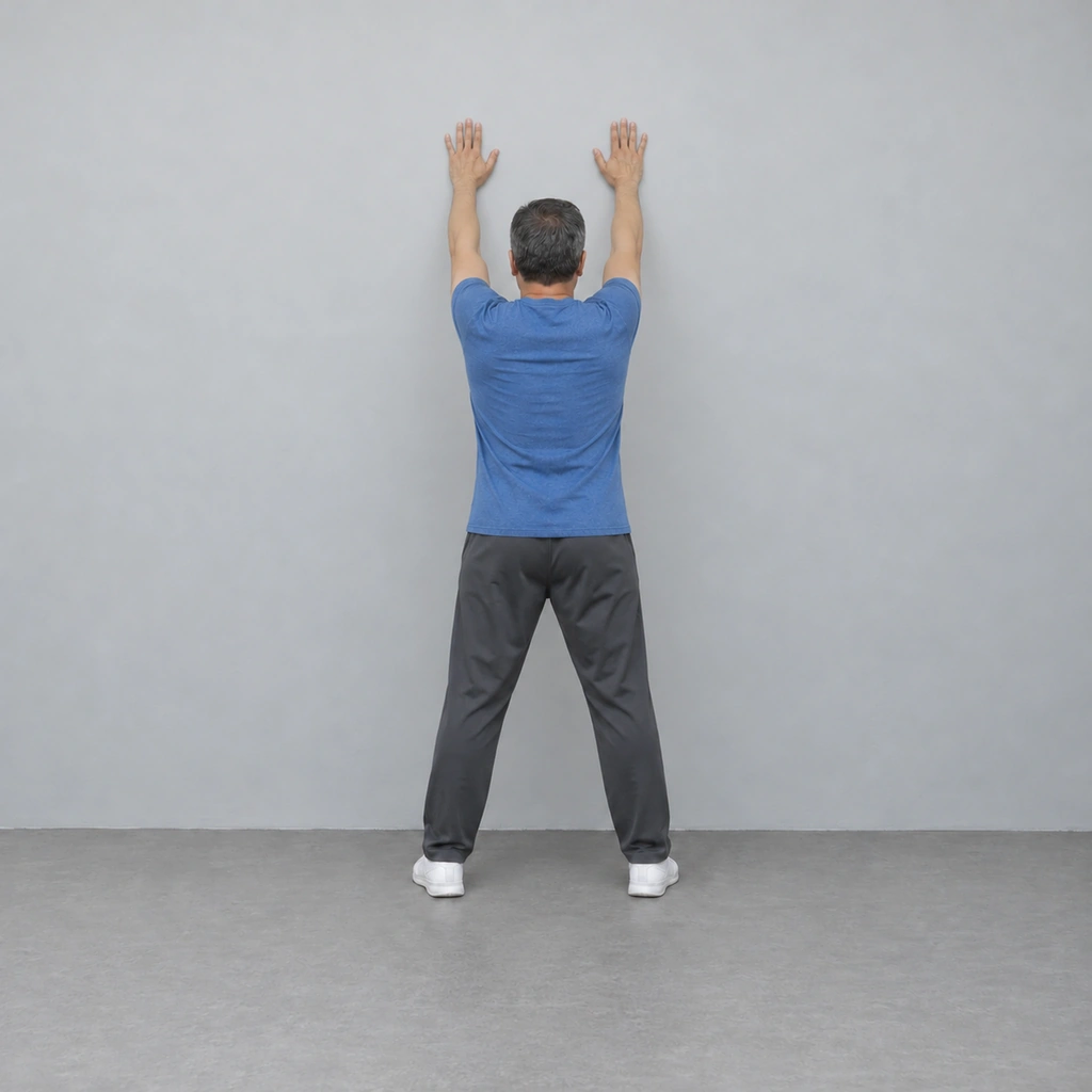 The man seen from behind with both arms stretched up the wall to the top of the arc, palms on it, his weight roughly even between both feet.