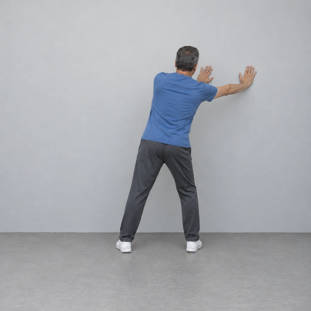 The man seen from behind leaning to his right with both arms reaching right along the wall, palms on it, and his weight over the right foot.