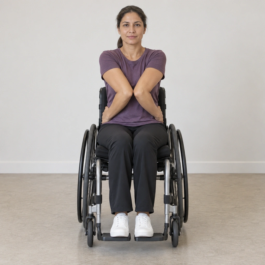 A woman seated in a wheelchair, the backs of both hands pressed against her hips, both elbows swung forward in front of her body.
