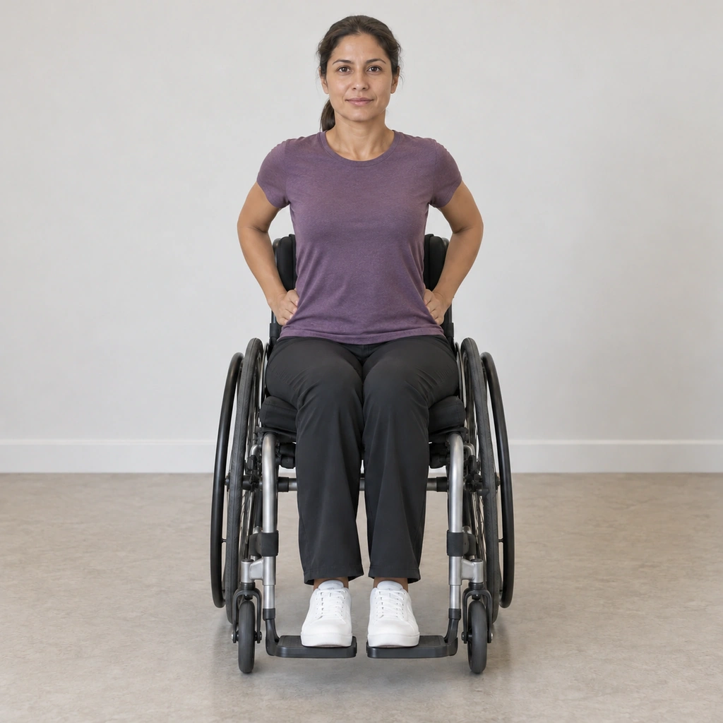 The same woman, hands still against her hips, now with both elbows swung backward behind her body.