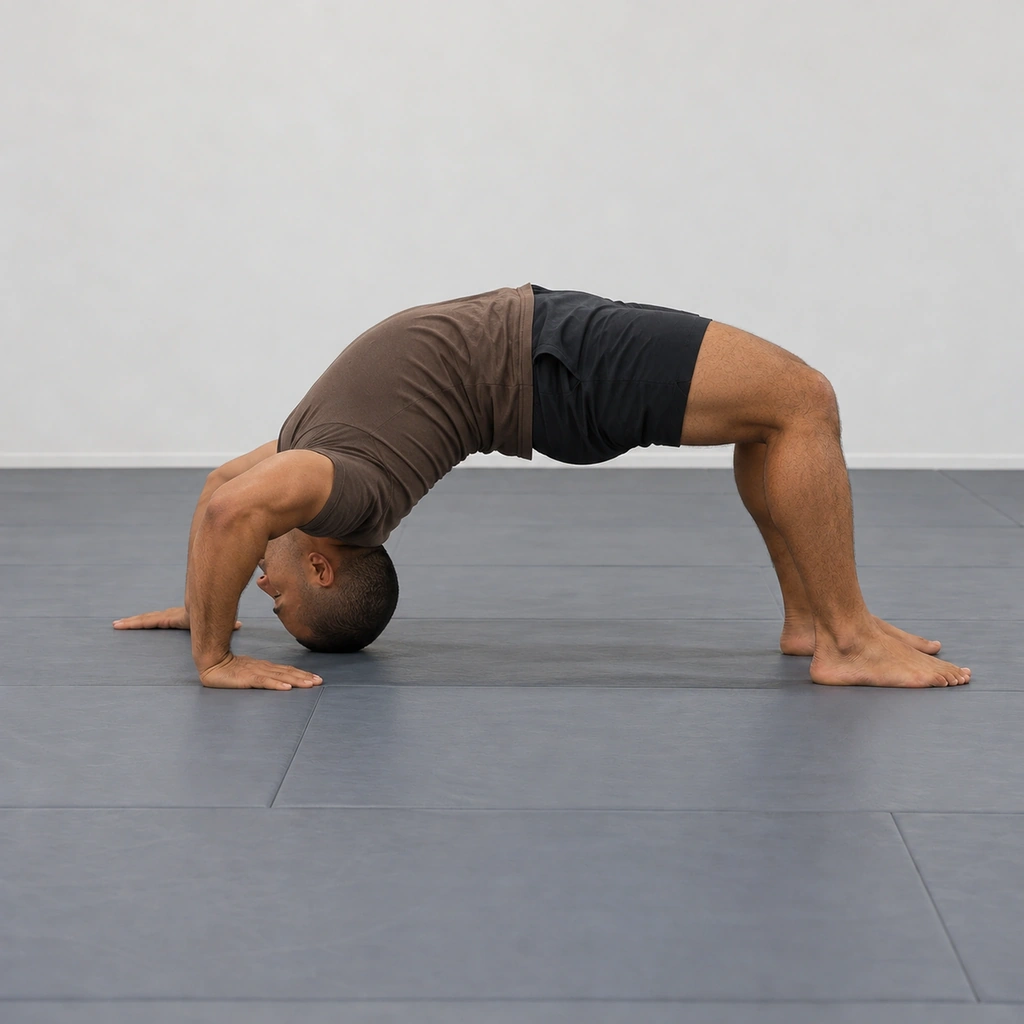 A man mid roll-up into the neck bridge, weight shifting onto the top of his head with hands still assisting beside the head, hips rising off the mat.