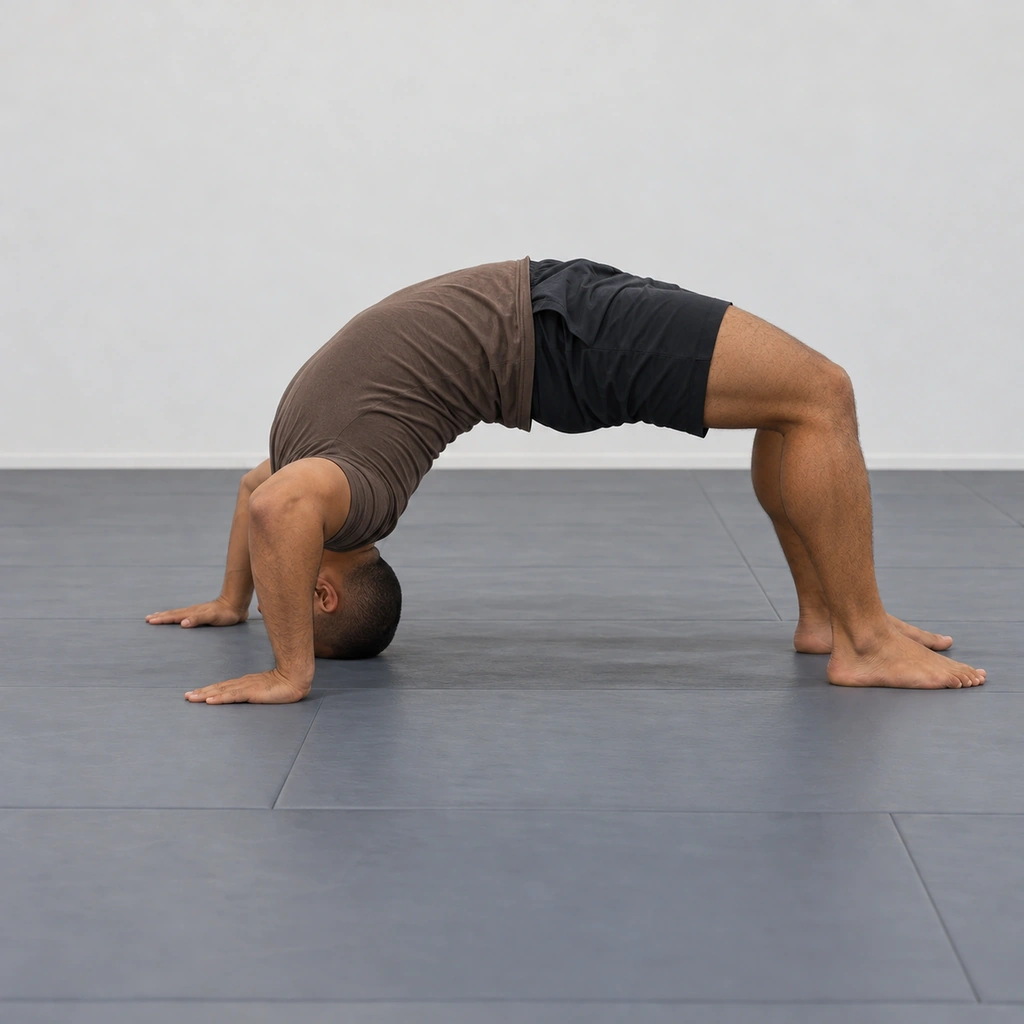 A man in the full neck-bridge arch supported by the top of his head and his feet, hips driven high, hands still flat beside his head sharing the load.