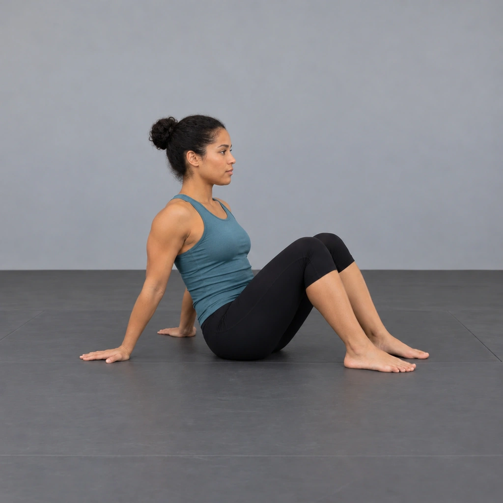 The same woman seated on the mat now facing frame-right - a half turn from the start - knees bent and feet flat, hands flat behind her hips again.