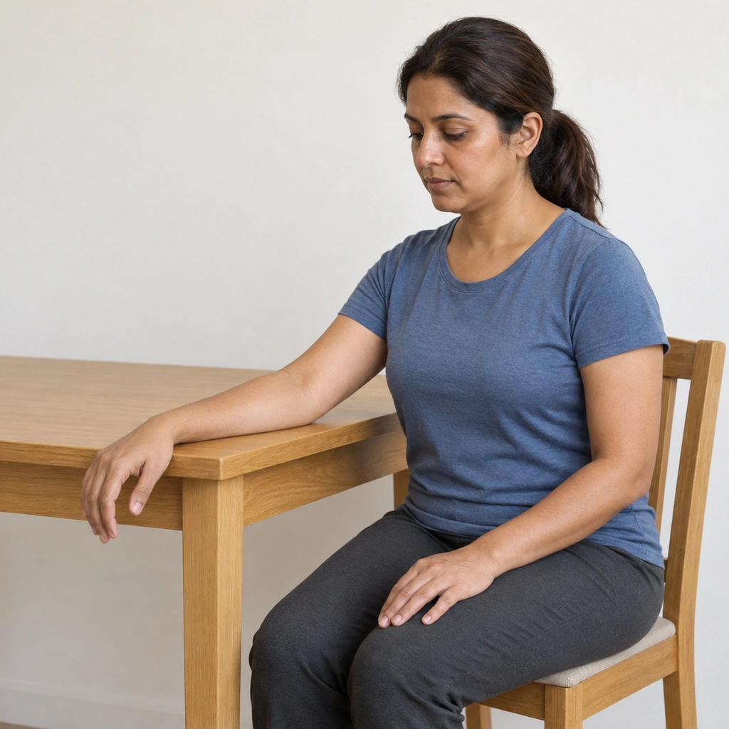 A woman sitting at a table, right forearm flat on the tabletop, palm down, her hand hanging open and relaxed just past the table's edge.