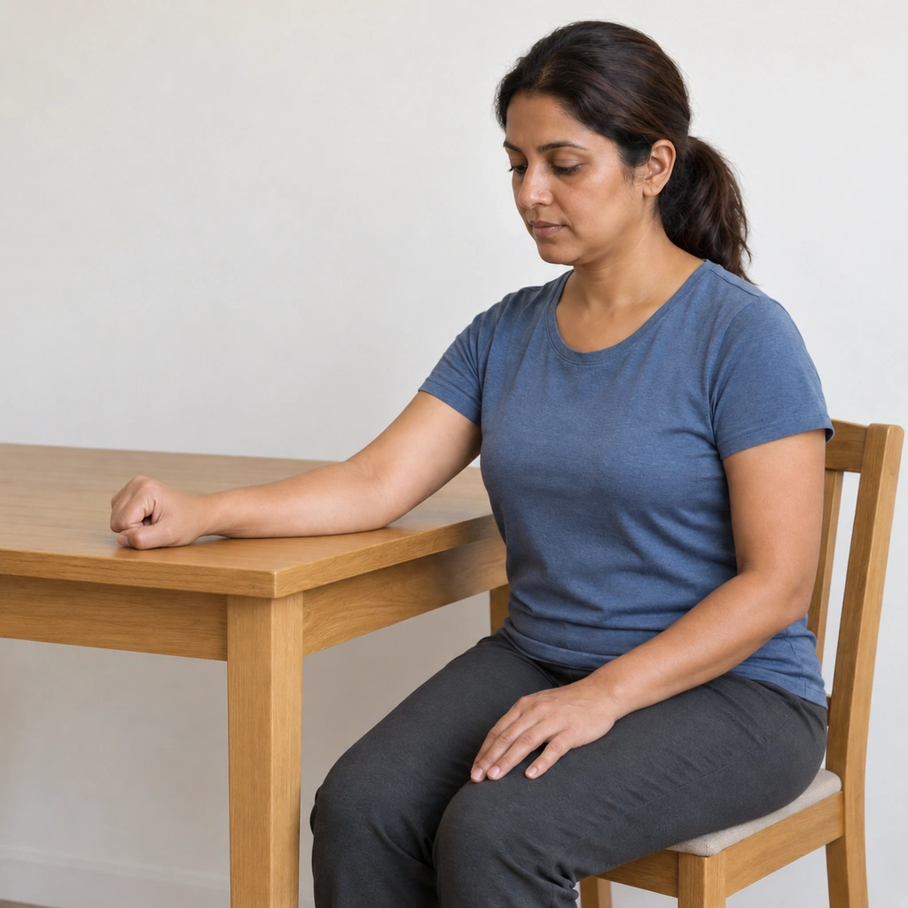 The same woman still seated, her right forearm flat on the table, a gentle fist now raised at the wrist so it continues the line of the forearm.