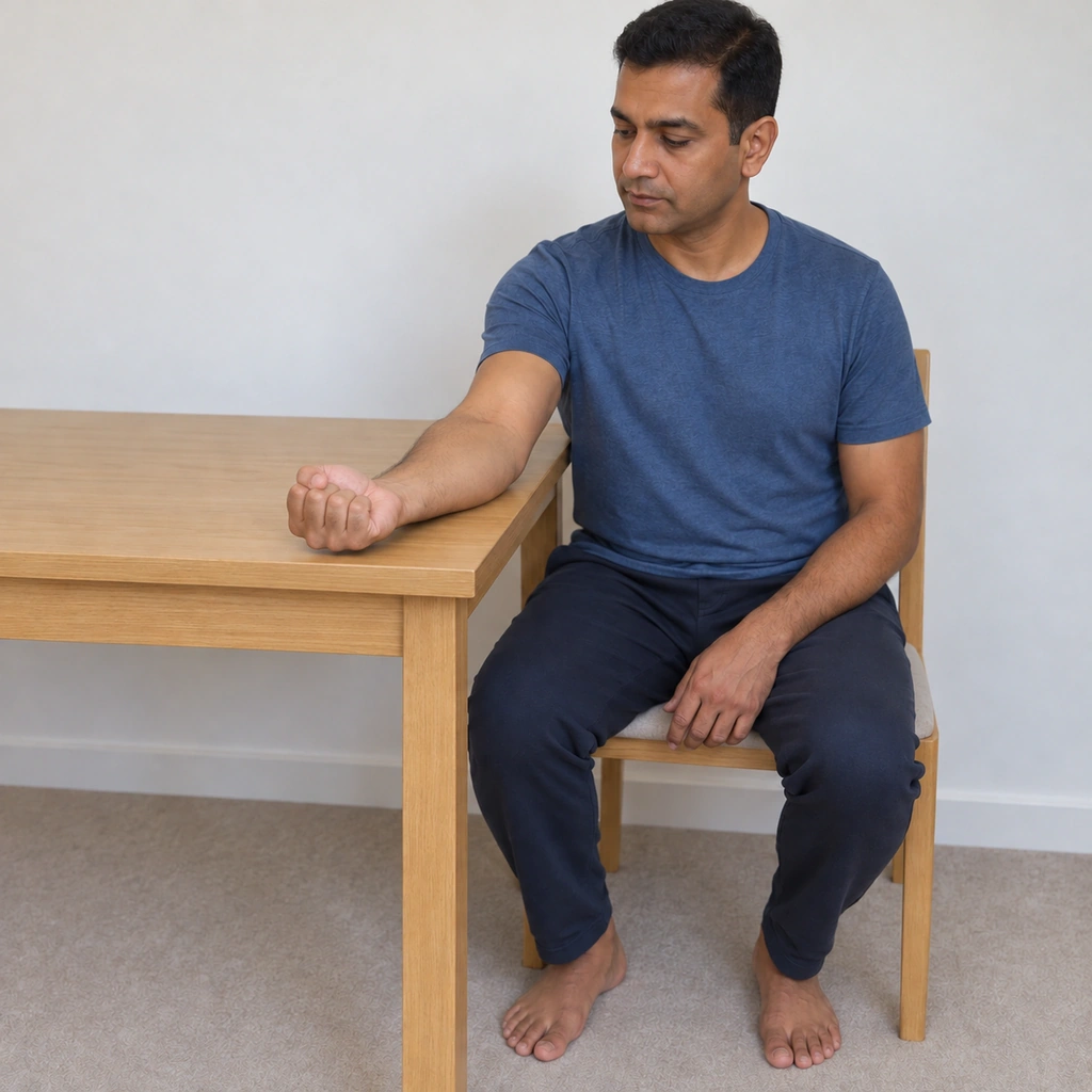 The same man with his right hand closed into a gentle fist, lifted up so the fist is level with his forearm, held steady.