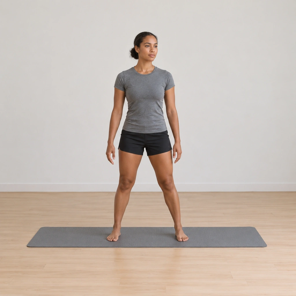 She stands on the mat with her feet parallel at shoulder width, arms hanging at the sides, torso tall.