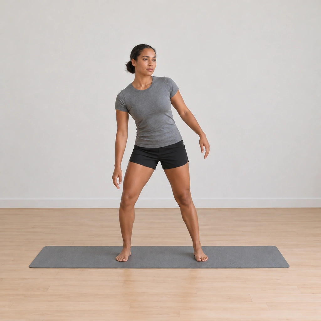 She is bent slightly to her right with the right knee folded and her weight on the right side, the right shoulder swayed forward and down with the right arm sinking, the left shoulder stretched outward and the slightly bent left arm lifted upward.