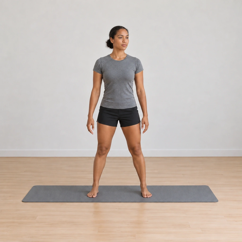 She is passing back through centre, weight levelling between the feet, both shoulders even and both arms settling back toward the sides.