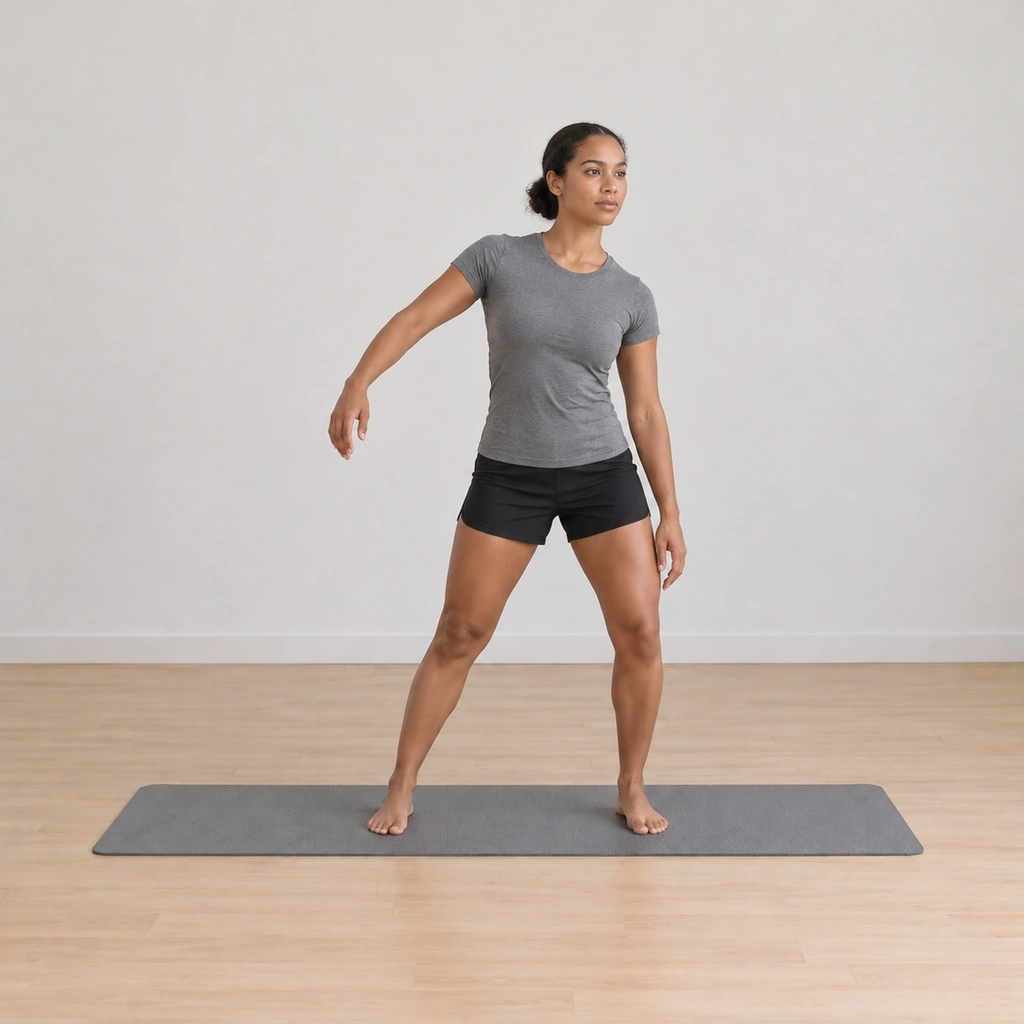 She is bent slightly to her left with the left knee folded and her weight on the left side, the left shoulder swayed forward and down with the left arm sinking, the right shoulder stretched outward and the slightly bent right arm lifted upward.