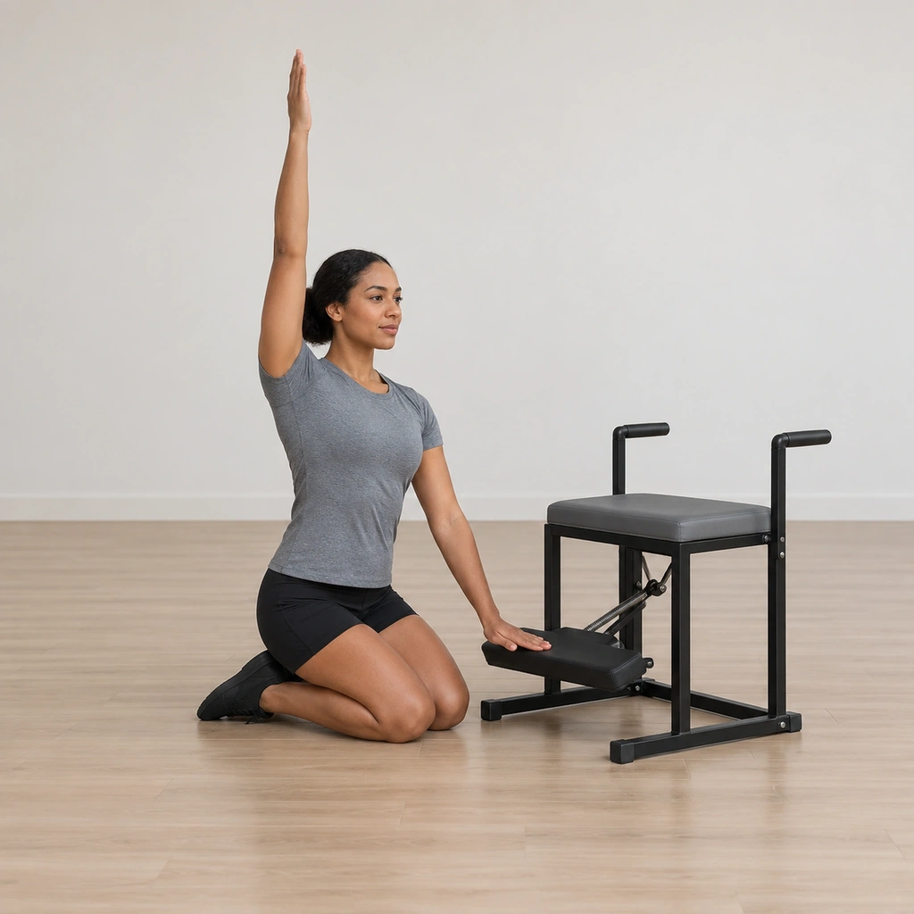 A woman kneels side-on beside a Pilates chair, her near hand resting on the center of the sprung pedal with fingers long toward the chair, her far arm reached overhead with the palm facing in.