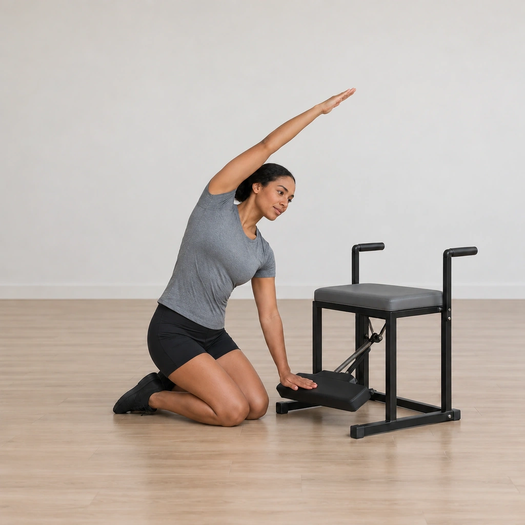 The woman presses the pedal down with one hand while her trunk bends sideways toward the chair, her overhead arm curving over with the bend, the pedal driven toward the base.