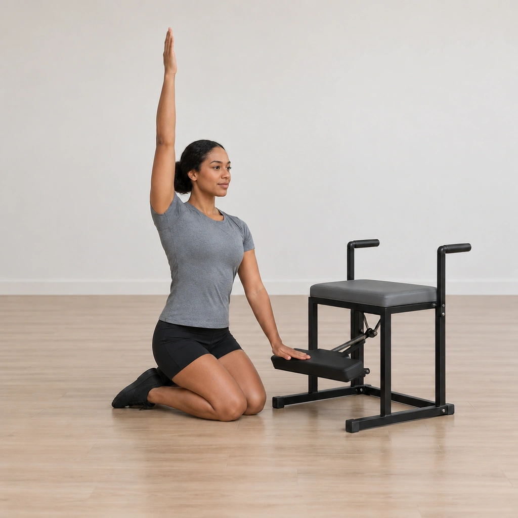 The woman lifts her trunk back toward upright while keeping her hand reaching into the rising pedal, the bend unwinding, her center drawing the lift.