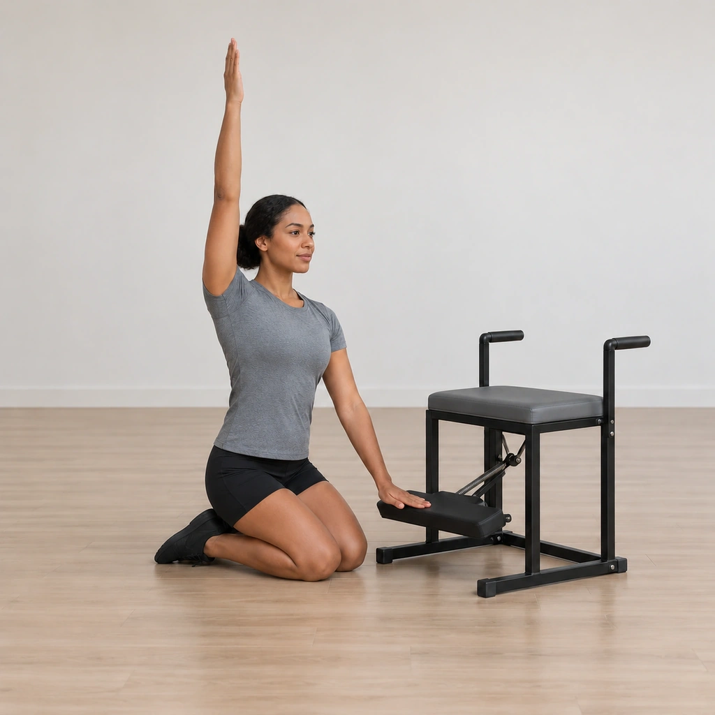The woman kneels upright again beside the chair, one hand resting on the pedal center and the other arm reached overhead palm-in, the lateral bend fully undone.