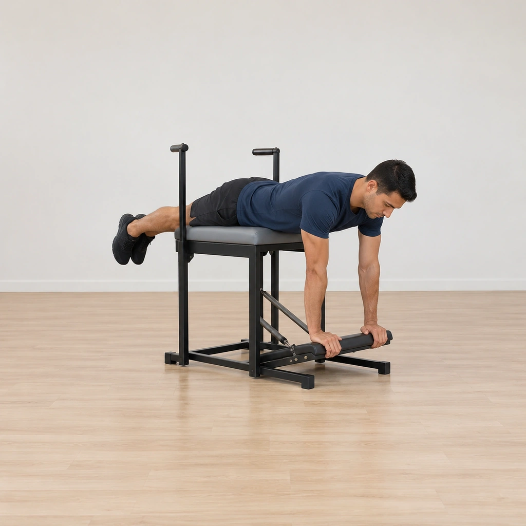 A man lies prone along the top of a Pilates chair facing the pedal, his hands pressing the pedal fully down, his shoulders aligned over his wrists, his body long.