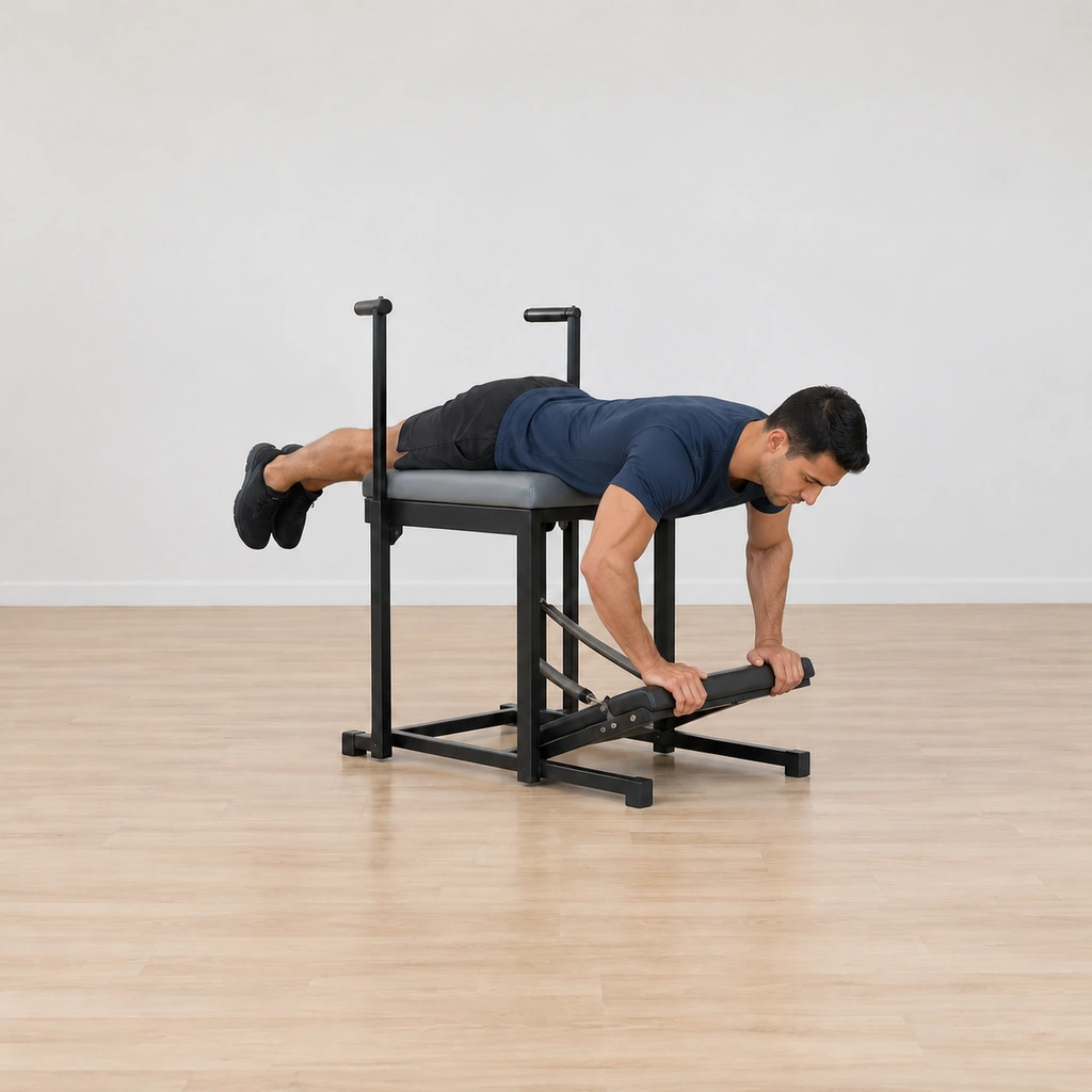 The man pumps the chair pedal by bending his elbows, the pedal lifted partway off the base by the spring, his body still long along the chair top.