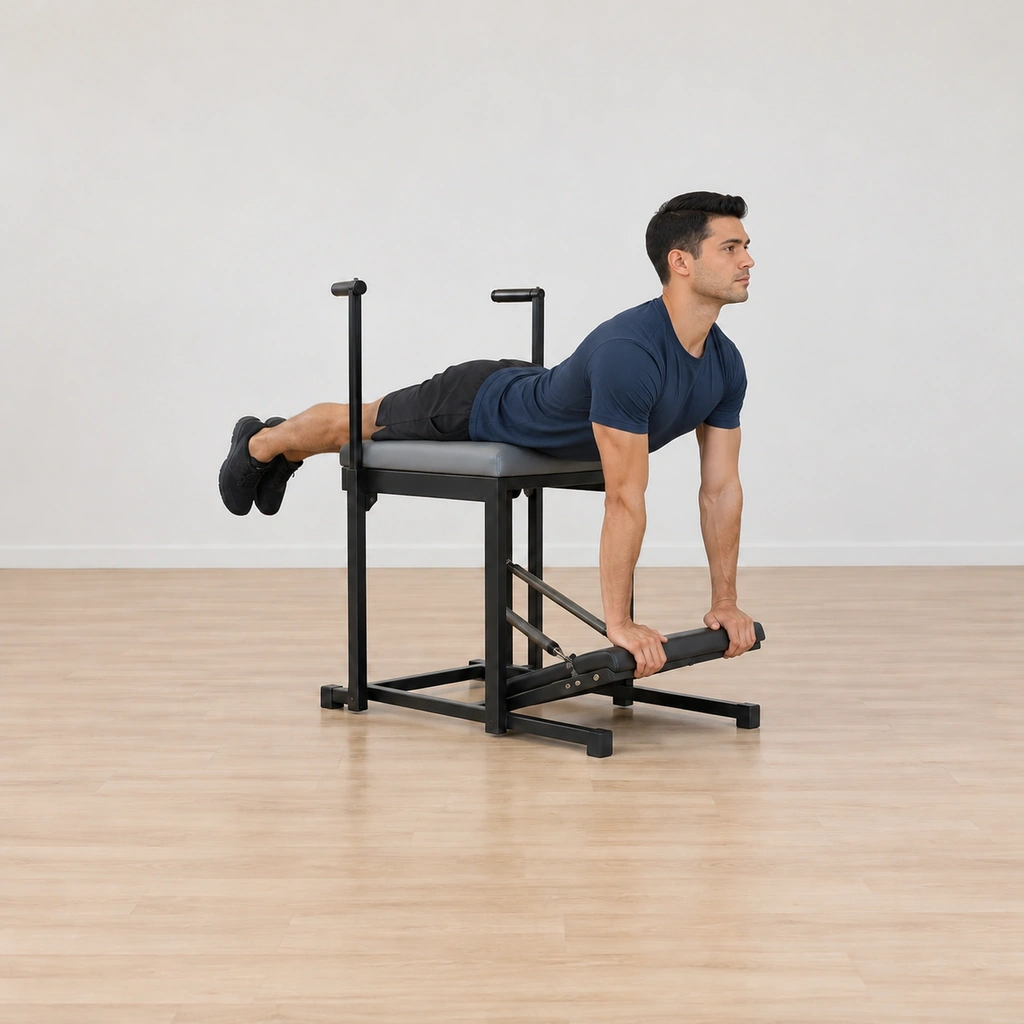 The man straightens his arms on the pedal while lifting his chest and back up into spinal extension, his body arched gently over the chair, legs long behind.