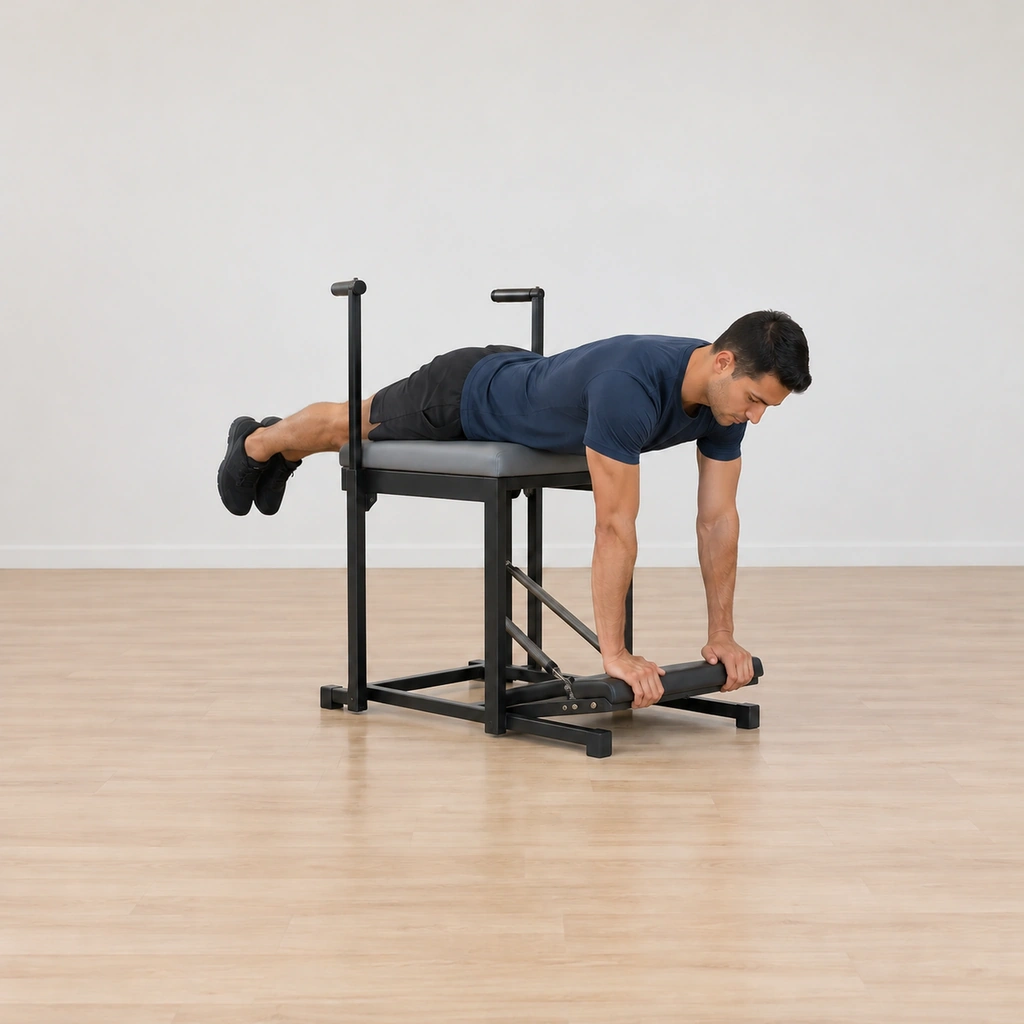 The man lowers his chest and back under control, returning to the long prone line along the chair with the pedal pressed down and shoulders over wrists.