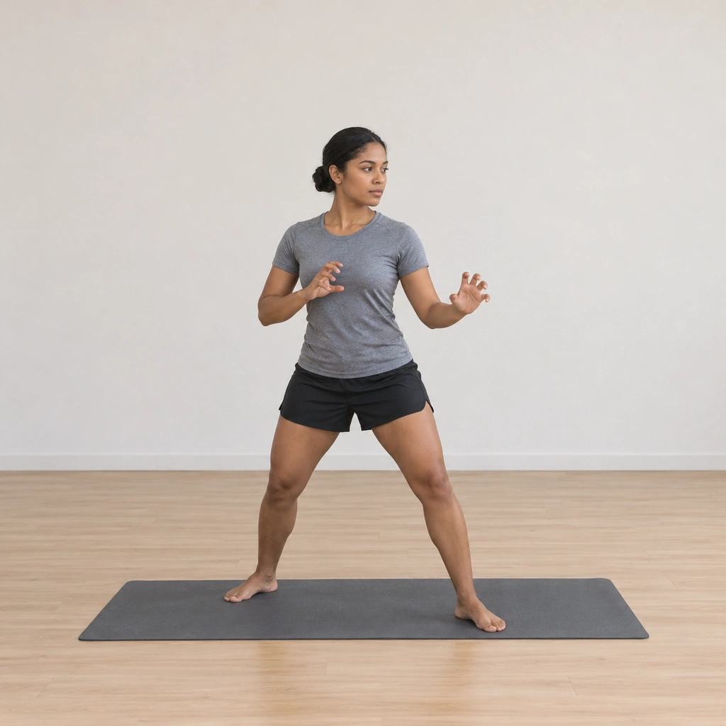 She stands on the mat in the settled stance, the working hand shaped like a claw chambered at the side, the fingers curved and spread.